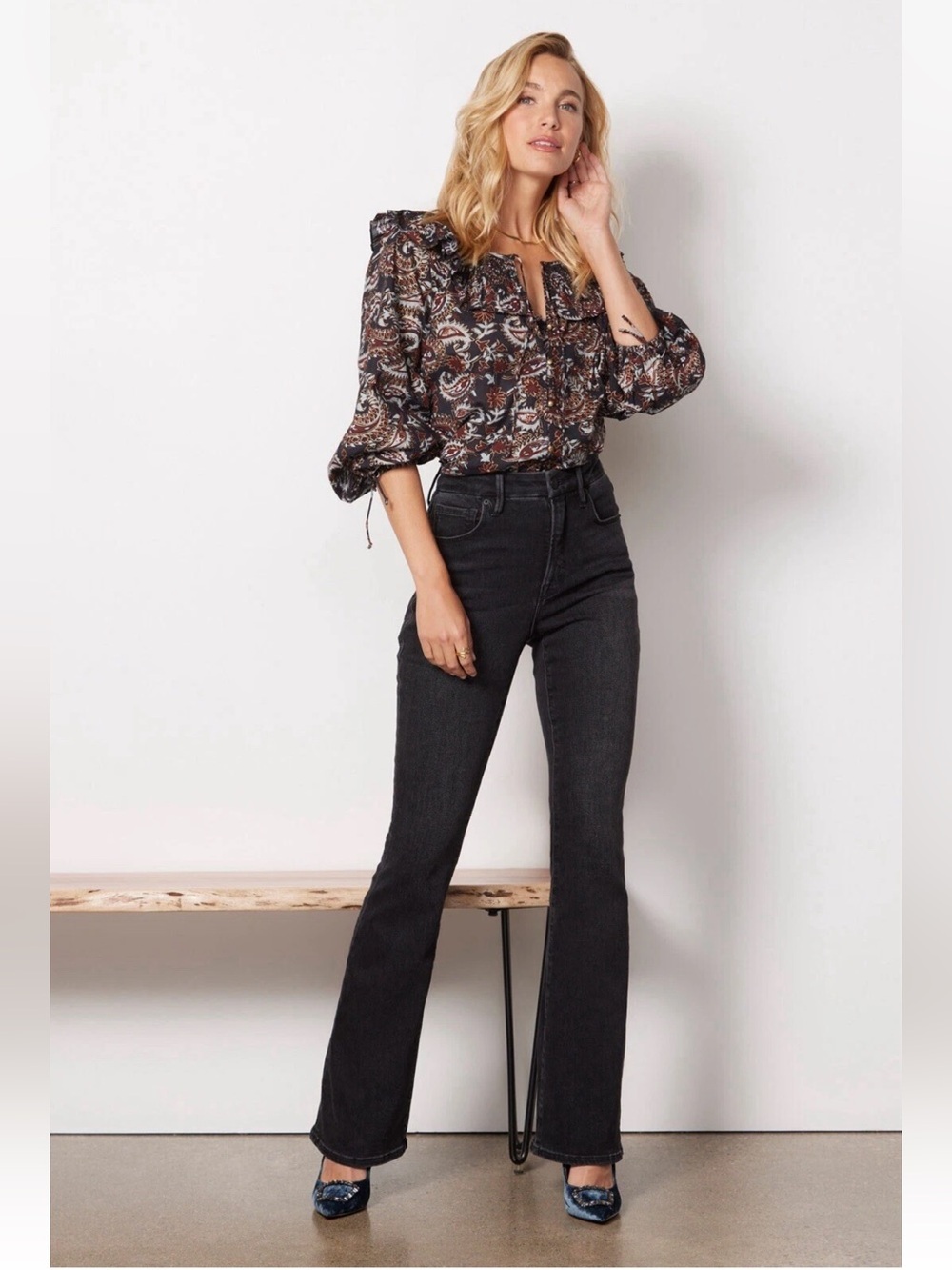 Cleobella Jillian Blouse Black Paisley Peasant Smocked Organic Cotton NWT L